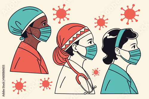 Illustration of three healthcare workers wearing masks with virus particles around them in color