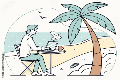 Illustration of a person working on a laptop at a beachside table under a palm tree with ocean view