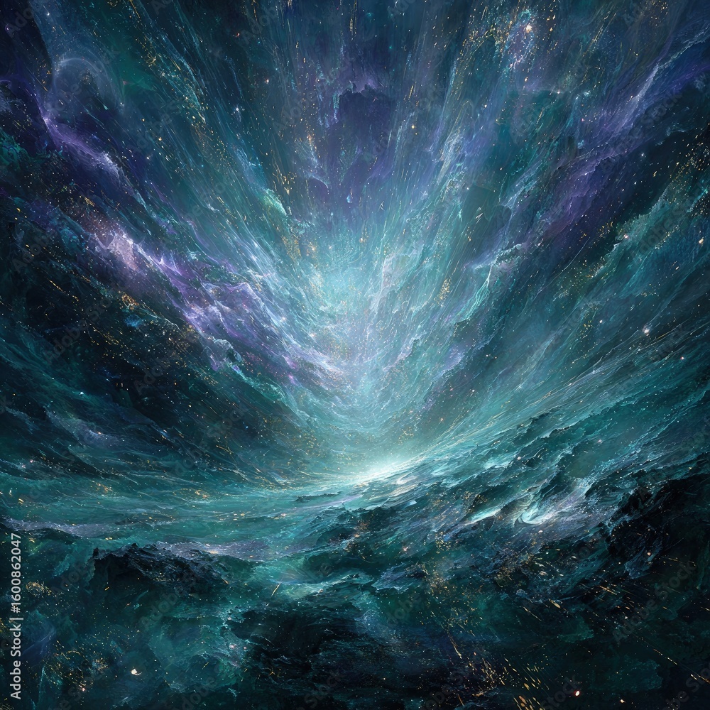 Fototapeta premium Abstract Cosmic Explosion In Teal And Gold