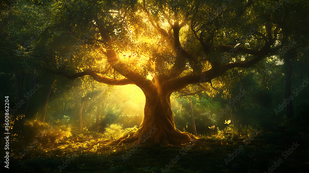 Fototapeta premium A mid-growth tree merging harmoniously into the lush beauty of a forest 