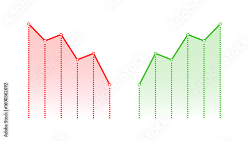 Red downward and green upward line graph charts representing data trend analysis, loss and growth, financial performance, and market direction