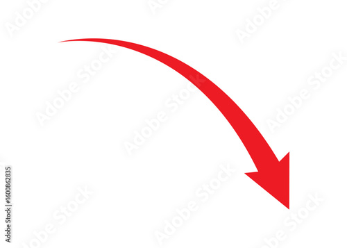 Red downward curved arrow icon representing decline, decrease, failure, loss, drop, or negative financial trend