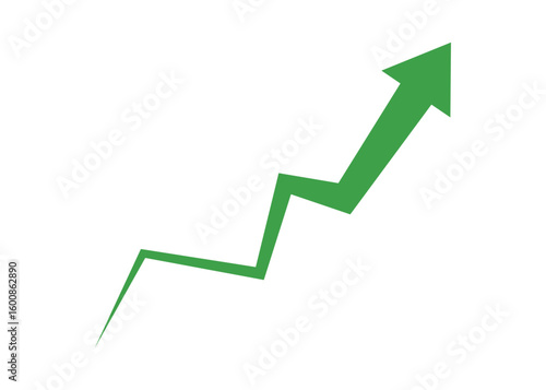 Green upward jagged arrow icon symbolizing growth, progress, positive trend, business success, and financial improvement