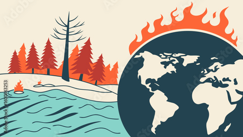 Illustration showing a burning globe next to a forest with a fire and a body of water, depicting climate change