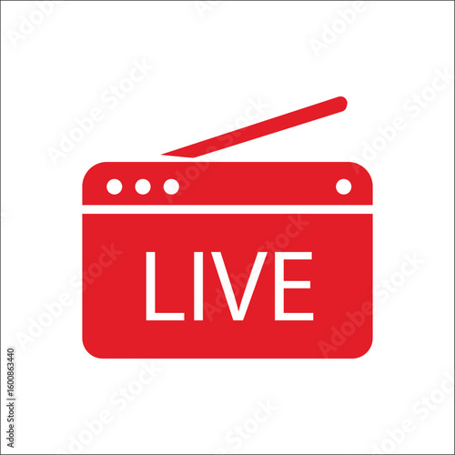 Red flat style live streaming icon showing a digital screen and antenna symbol for video broadcasting and online communication design element
