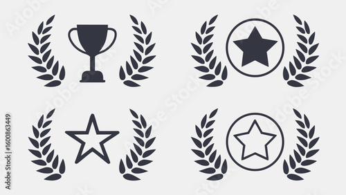 Collection of award icons set featuring trophy and laurel wreath drawn sports in outline style