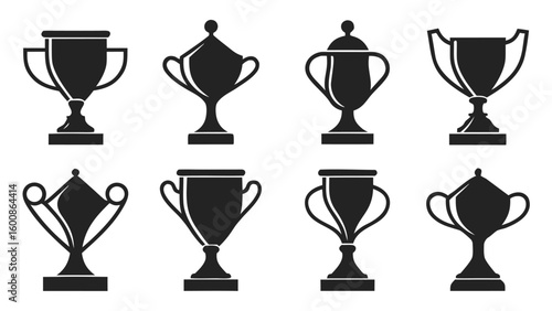 Collection of award icons set featuring trophy and laurel wreath drawn sports in outline style
