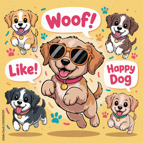 Playful Cartoon Dog Vector Set with Fun Expressions and Phrases

