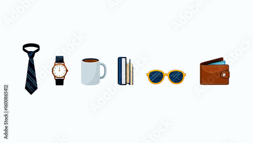 Essentials for men flat lay including tie, watch, coffee mug, books, sunglasses and wallet items style