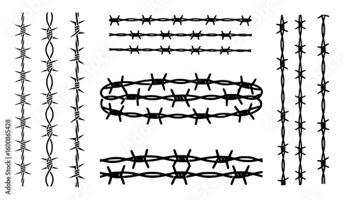 Black barbed wire patterns on white background sharp metal