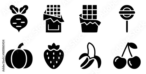 Beetroot chocolate bar lollipop pumpkin strawberry banana cherries vector