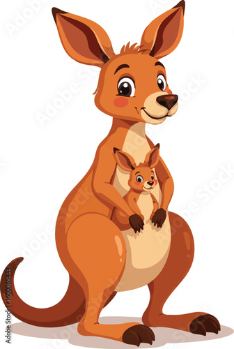 Cute baby kangaroo with its mother, a funny cartoon animal illustration isolated on white