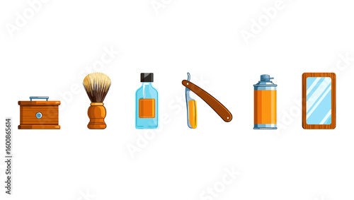 Illustration of vintage grooming kit for men including razor brush cream mirror and wooden storage box design