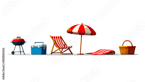 Illustration of picnic essentials for outdoor activities including grill and beach chair for summer fun