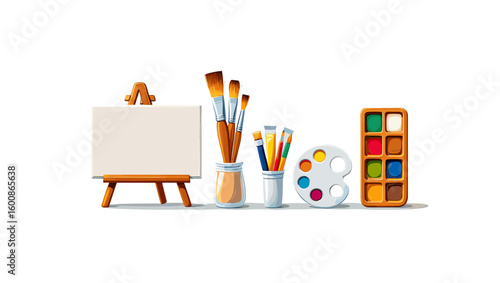 Watercolor painting art supplies for artists including paint brushes easel palette and watercolors for canvas art