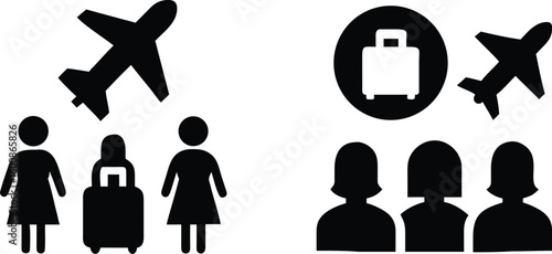 Airport traveler symbols: Depicts a series of symbolic representations. These visuals succinctly communicate ideas associated with travel, baggage, and aircraft