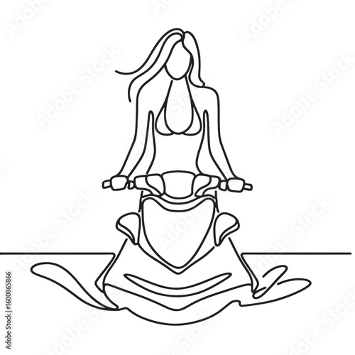 Girl on jet ski outline drawing, front view, vector, black line drawing, minimalistic, single line, simple line, isolated, transparent background 