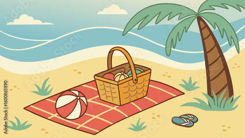 A cartoon beach scene with a picnic basket, a ball, palm tree, and flip flops on a blanket near the sea