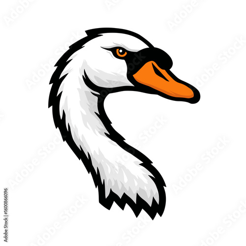 Illustration of a swan head with bold lines and vibrant colors, capturing its graceful features and striking orange beak