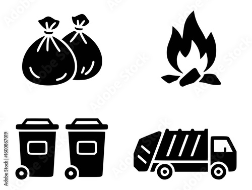 Garbage bags bins truck fire trash