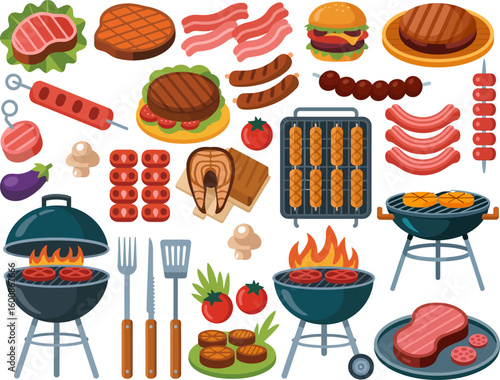 Grill Culinary Feast: A vibrant and appetizing arrangement of grilled meats, vegetables, and barbecue tools, perfect for a summery gathering, illustrated with a sense of flavor and cookery.
