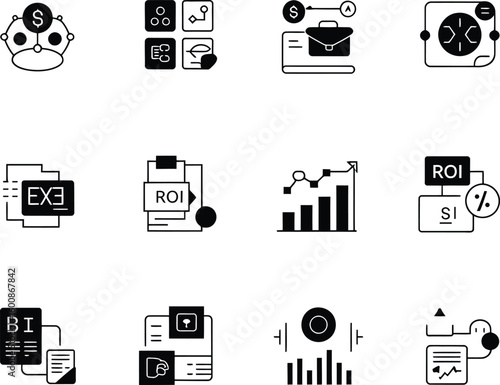 Business and finance icons representing growth and analysis
