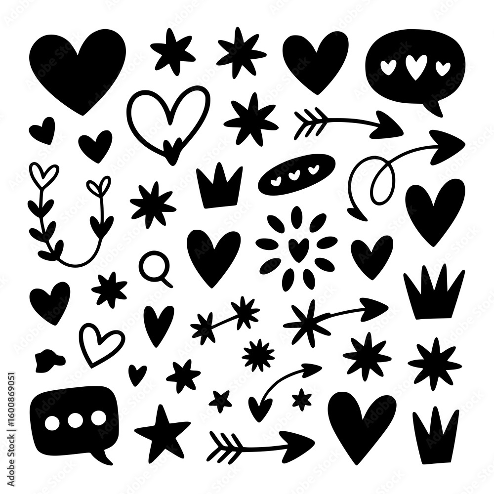 Fototapeta premium Romantic Doodle Collection: A playful black and white illustration featuring hearts, stars, crowns, arrows, and speech bubbles, perfect for design projects.