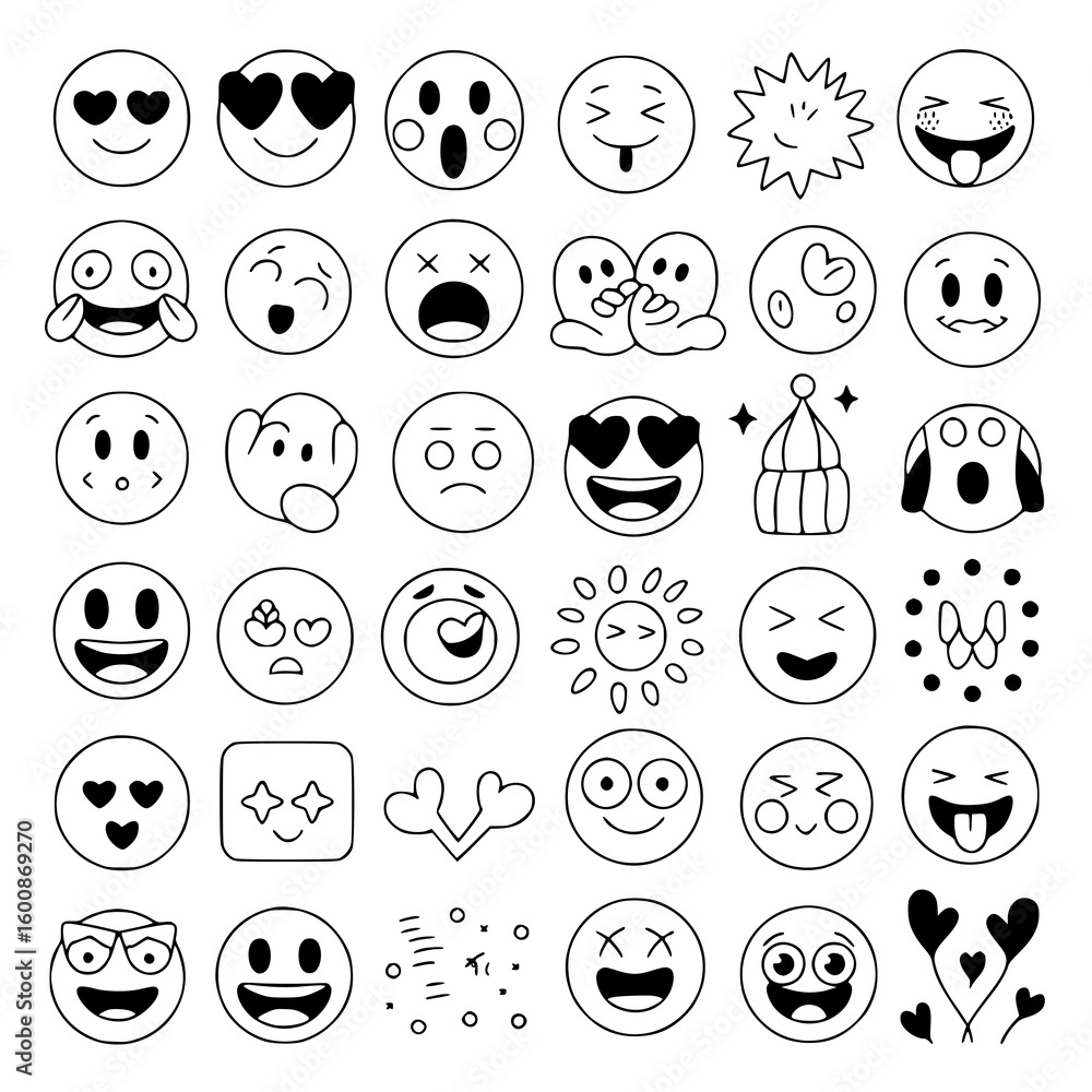 Monochrome Emoji Collection: A playful set of 30 hand-drawn line art emojis depicting various expressions, from happy and loving to silly and surprised, perfect for digital design. Monochrome Emoji Collection: A playful set of 30 hand-drawn line art emojis depicting various expressions, from happy and loving to silly and surprised, perfect for digital design.
