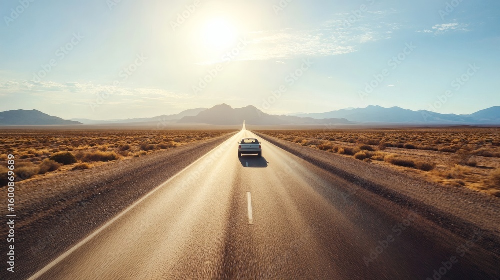 Fototapeta premium A lone vehicle travels a long desert highway under a bright sun.