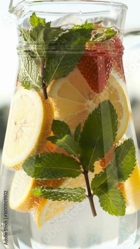 Refreshing Infused Water: Strawberries, Lemons, and Mint in a Glass Pitcher
