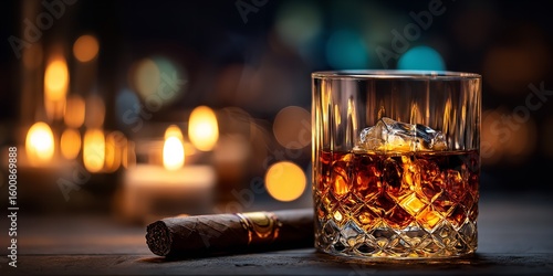 Glass of Whiskey with Ice and Cigar in Soft Lighting on Bar with Amber Tones and Warm Atmosphere