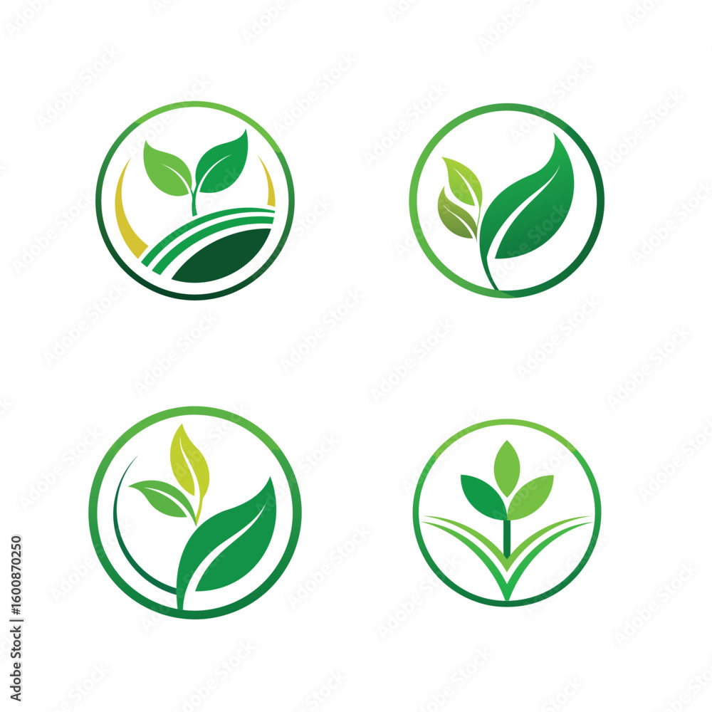 Four circular logos featuring green growing plants and leaves symbolizing nature and growth Four circular logos featuring green growing plants and leaves symbolizing nature and growth