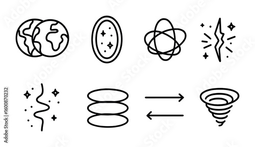 Multiverse Exploration Icons. Outline vector icons of exploring the multiverse theory: alternate Earths,