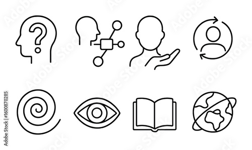 Multiverse Philosophy Icons. Outline vector icons of multiverse philosophy: existential question, mind map,