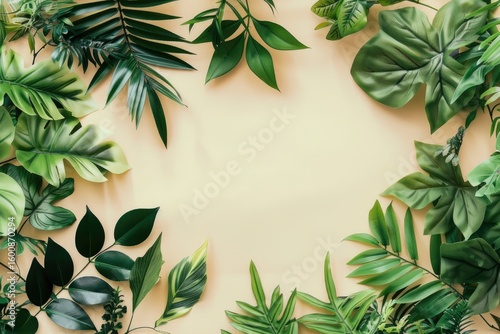 A circle of vibrant green leaves on a soft beige background