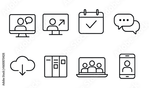 Remote Work Icons. Outline vector icons of remote work tools: video call, screen share, digital planner, team