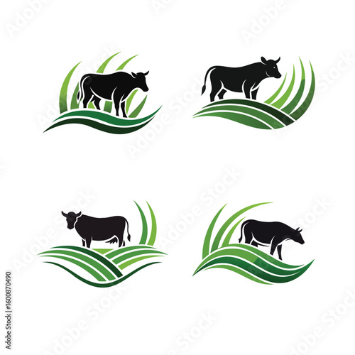 Four stylized silhouettes of cows grazing in lush green pastures