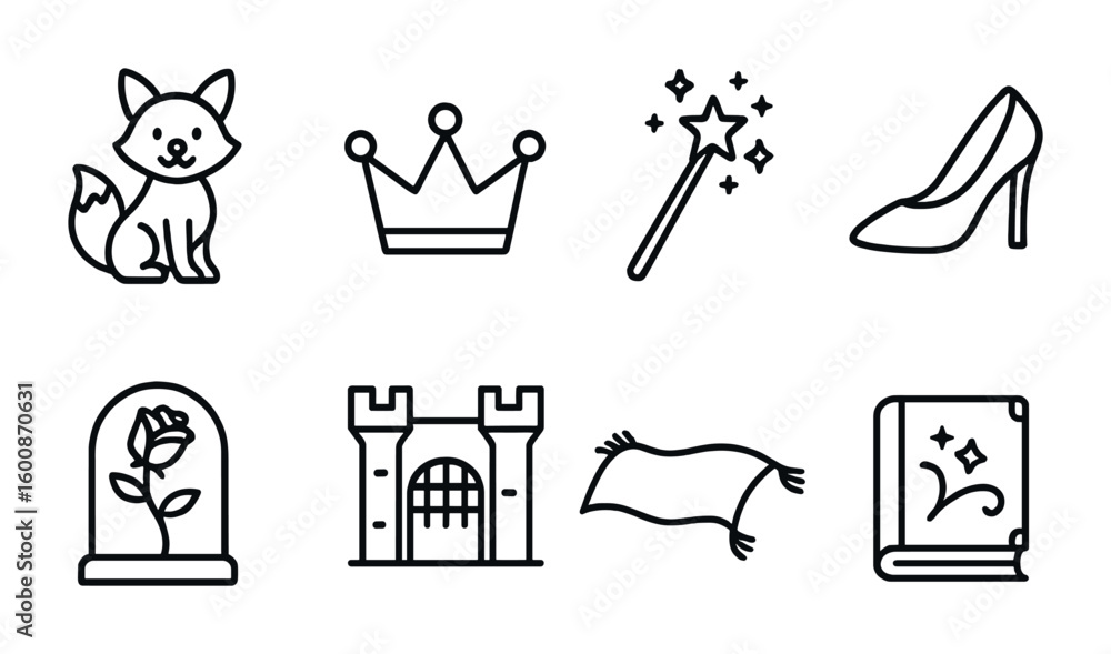 Fototapeta premium Fairy Tale Icons. Outline vector icons of fairy tale illustrations: talking animal, golden crown, magic wand,
