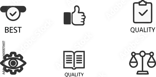 Checkmark thumbs up clipboard open book gear eye scales vector