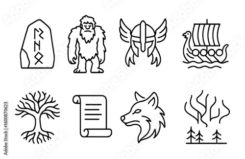 Nordic Folklore Icons. Outline vector icons of Nordic folklore elements: runestone, frost giant, Valkyrie