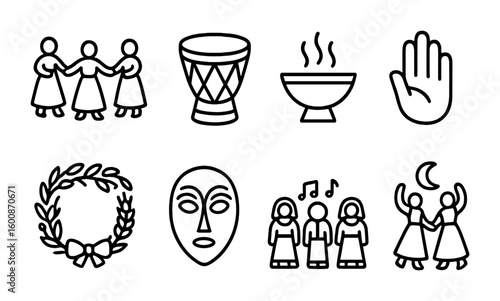 Folklore Ritual Icons. Outline vector icons of folklore rituals and customs: dance circle, ritual drum,