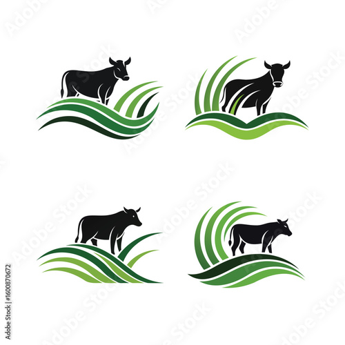 Modern silhouette logos featuring cattle grazing in lush green pastures