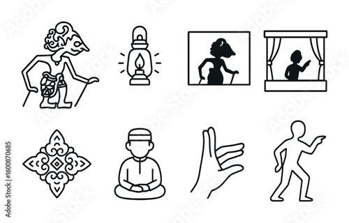 Shadow Puppetry Icons. Outline vector icons of storytelling through shadow puppetry: puppet figure, lantern
