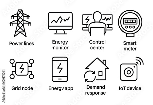 Smart Grid Icon Set. Outline icon set of smart grid infrastructure: power lines, energy monitor, control