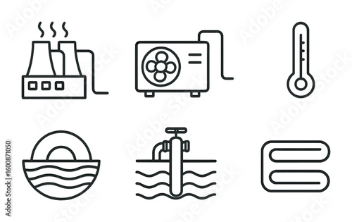 Geothermal Energy Icons. Outline icon set of geothermal energy sources: geothermal plant, heat pump,