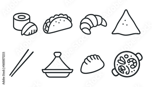 Cultural Cuisine Icons. Outline vector icons of cultural cuisine: sushi roll, taco, croissant, samosa,