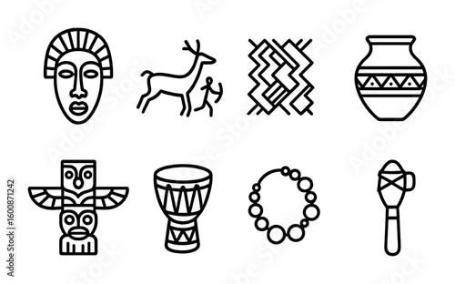 Indigenous Art Icons. Outline vector icons of indigenous art: tribal mask, cave painting, weaving pattern,