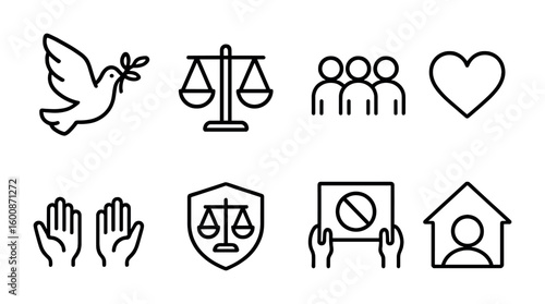 Peace and Equality Icons. 0 of human rights and inclusion: peace dove, equality scales, diverse crowd, heart