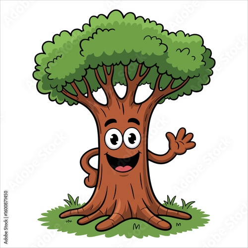 Friendly waving cartoon tree character vector illustration perfect for green themes kids projects and cheerful nature designs.