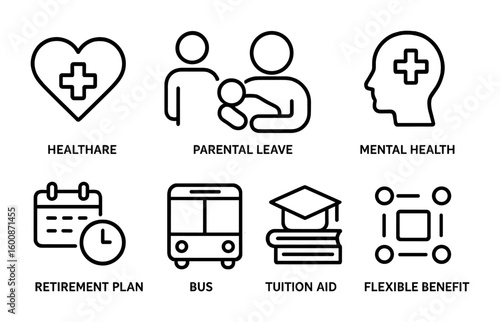 Equitable Benefits Icons. Outline vector icons of equitable benefits packages: healthcare icon, parental leave